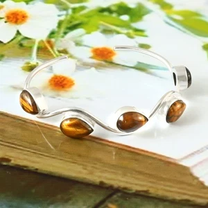 925 Sterling Silver Natural Tiger's Eye Gemstone Jewelry Handmade Cuff Bracelet - Picture 1 of 3