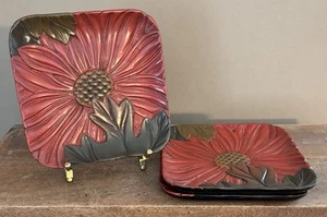 Vintage Set Of 3 Japanese Kamakura-bori Lacquer Floral Faux Wood Carved Plates - Picture 1 of 9