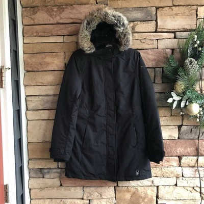 Abrigo parka largo negro con ribete de piel Spyder para mujer talla L Foto 1 de 4