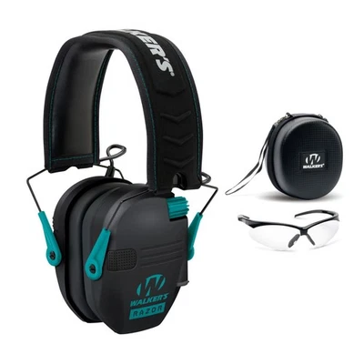 Walkers Razor Slim Electronic Muff Black Teal with Case and Shooting Glasses - Image 1 of 4