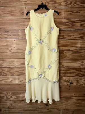 Винтажное желтое вышитое платье с шифоновым низом без рукавов женское 14 - Изображение 1 из 4