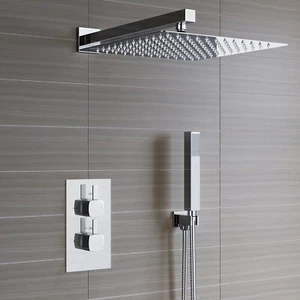 Bathroom Mixer Shower Thermostatic Dual Head Square Rainfall Head Handset Chrome - Picture 1 of 12