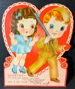 VTG 9” Mechanical Valentine Card Army Boy & Girl Sad Goodbye “I Am Your Recruit” - Picture 1 of 4