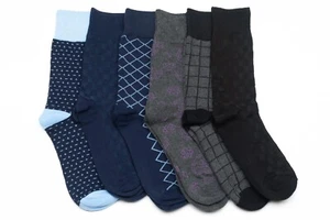 Men's Patterned Cotton Dress Socks ,Pack of 6 -Assorted Patterns, Size 9-12 - Picture 1 of 7