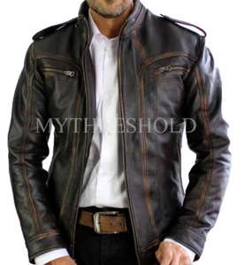 Chaqueta de cuero de vaca marrón envejecida para hombre motociclista vintage café corredor - Imagen 1 de 3