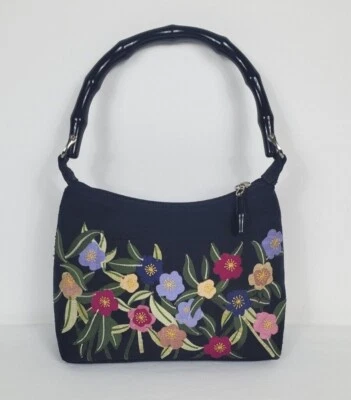 Cartera exterior TALBOTS 100 % seda bordada flores estilo bambú mango Foto 1 de 4
