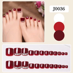 Women Glossy Fake Toenails Short Red False Toe Nail With Pearl Decor Christmas - Picture 1 of 6