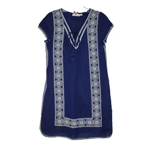 Vineyard Vines Linen Dress Sz 2 Embroidered V Neck Navy Blue White Cap Sleeves - Picture 1 of 7