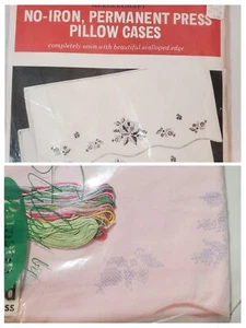 New Vintage Cross Stitch Pillowcases Kit 2 Pink Floral Paragon Needlecraft USA - Picture 1 of 4
