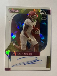 🔥2023 LEAF VIVID JAHMYR GIBBS WHITE CRYSTAL AUTO CARD #’d /6 SSP LIONS ALABAMA