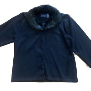 VTG Liz Claiborne Black Sweater Faux Fur Collar Cloth Buttons Cardigan Jacket LP