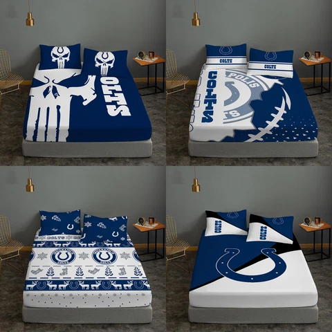 Indianapolis Colts Fitted Sheet Pillowcases 3Pcs Deep Pocket Bed Sheet Set Gift Cover