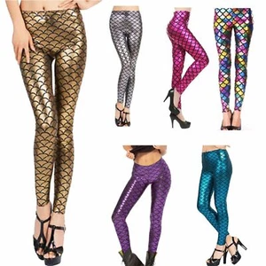Ladies Mermaid Fish Scale Legging Women Slim Fit Shiny Disco Metallic Leggings - Picture 1 of 9