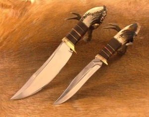 Hand Forged J2 Steel Rat-Tail Hunting Bowie Knife crown Stag Wood 2pcs - Picture 1 of 1