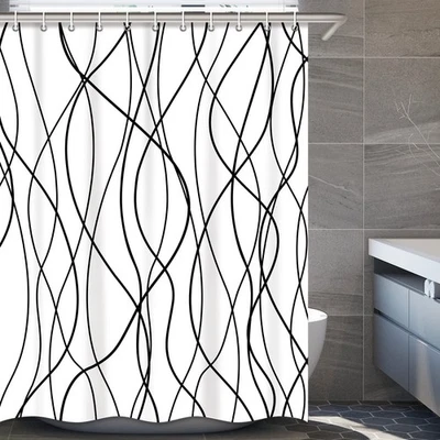 Black, White Striped Shower Curtain, 72x78 Inch, Wavy Line, Weighted Hem - Image 1 of 4