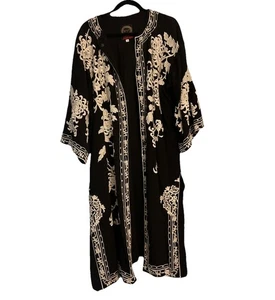 Johnny Was Embroidered Floral Lined Silk Duster Slits XL Long Bell Sleeve Boho - Picture 1 of 6