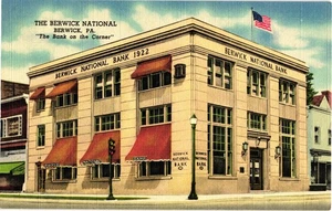 Vintage Berwick National Bank Leinen Postkarte Berwick PA 1922 Gebäude - Bild 1 von 2