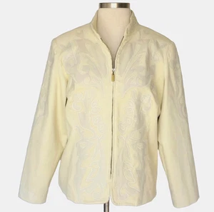Victor Costa Jacket Coat NEW Pale Yellow Corduroy Lined Embroidery Womens Sz 1X - Picture 1 of 11