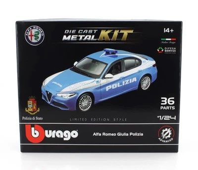 KIT MODELLINO AUTO STATICO BURAGO ALFA ROMEO GIULIA POLIZIA 2016 BLU BIANCO 1:24 - Immagine 1 di 2