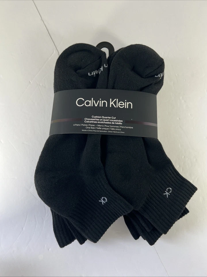 Calvin Klein Cushion Sole Athletic 6 PR Mens Quarter Socks Black One Size