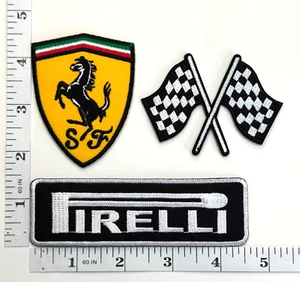 Embroidered 3-Patch Set - Racing - Checkered Flag - Pirelli - Ferrari - Iron-on - Picture 1 of 1
