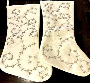 Pair, Hand stitched, Christmas Stockings, Cream, Silver thread, bead design - Picture 1 of 6