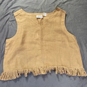 Cotton Connection Linen Top Womens L Safari Tan Fringed Pull Over Sleeveless - Picture 1 of 12