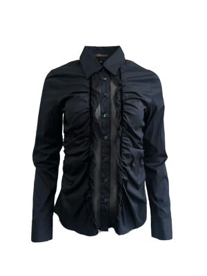 Blusa para mujer WALTER VOULAZ negra manga larga con volantes C0619 $274 NUEVA Foto 1 de 2