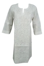 Ethnic White Tunic Dress Paisley Boho Hand Embroidered Cotton Hippie Caftan L