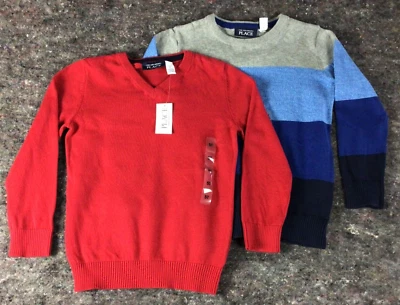 2 suéteres pulóver a rayas lisas rojo azul gris para niños talla 5T Foto 1 de 4