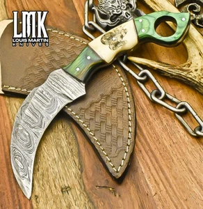 LMK Hot Item Karambit Knife Twist Damascus ScrimShaw Bone Wooden Bolster Hunter - Picture 1 of 9