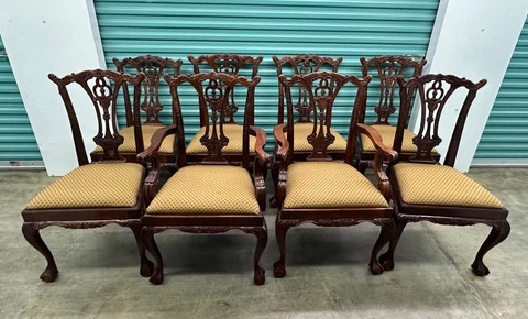Set of 8 Vintage PULASKI Furniture Mahogany Chippendale Dining Room Chairs Cover