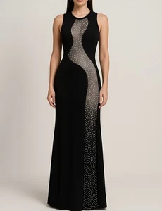 Y2K Symphony Kleid M schwarz Glam Gown Netzeinsatz Strass futuristisch formell - Bild 1 von 18