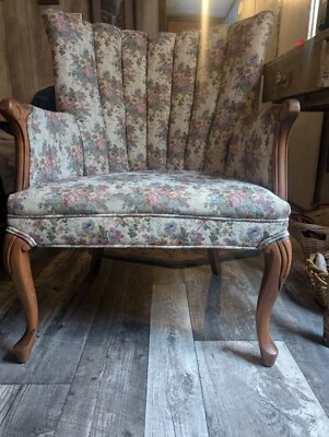 Vintage Victorian Style  Rounded Back Chair With Flower Upholstery  - Image 1 of 4