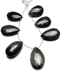 Natural Black Chrysoberyl Cat's Eye Gem Faceted 26x17 to 34x20MM Pear Beads 7.5" - Picture 1 of 3