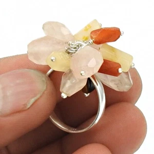 Natural Rose Quartz Gemstone Beaded Pink Ring Size O 925 Sterling Silver B22 - Picture 1 of 6
