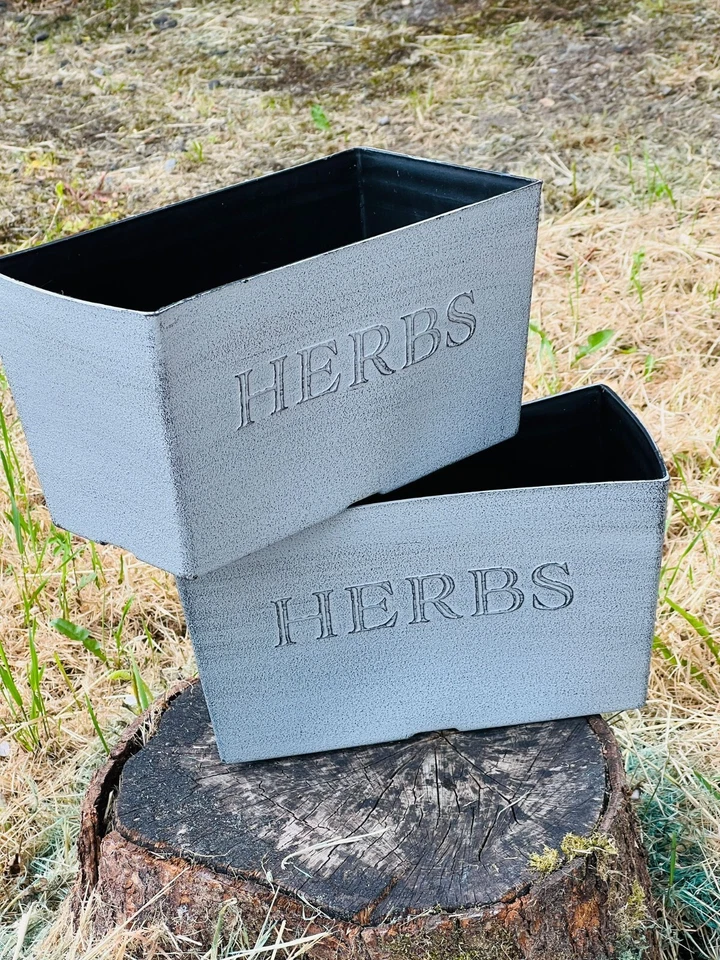 Simple Stone Herb Window Box Vintage Tin Garden Flower Planter Indoor Set - Image 1 of 4