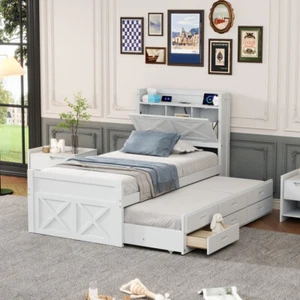 Twin Size Wooden Extendable Bed w Outlets Headboard, Trundle & 3 Drawers, White - Picture 1 of 18
