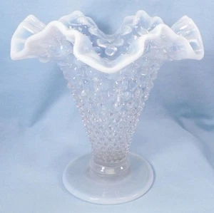 Fenton French Opalescent Hobnail Vase Trumpet 5.25 in Crimped Ruffled Vintage - Picture 1 of 6