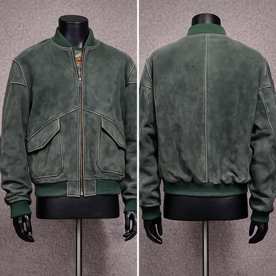 Vintage Italian Moda Leather Bomber Jacket L/XL – Made in Italy Green Suede, Pat - Image 1 of 4