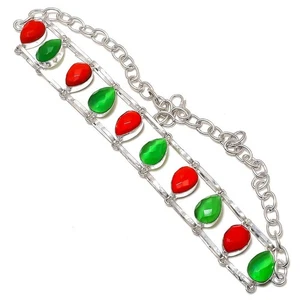 Italian Red Coral, Peridot gemstone 925 Sterling Silver Bracelet 7-8" c550 - Picture 1 of 3