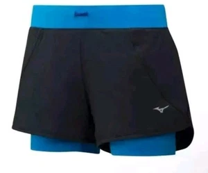 L Mizuno Mujin 4.5 J2GB928398 Running Shorts Women Blk/Blue 2in1 Elastic Waist - Picture 1 of 8