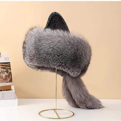 Men's Real Fox Fur Hat Russian Ushanka Cossack Mongolia Hat Winter Warm Ski Cap - Image 1 of 4