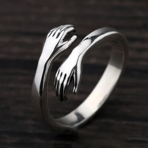 Love Hug Embrace Silver Ring Couple Rings Adjustable Size Men Women Jewelry - Picture 1 of 19