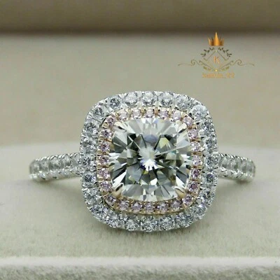 3 Carat Cushion Cut Moissanite Double Halo Engagement Ring Solid 14K White Gold - Image 1 of 4