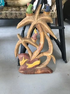 23” Wood Carved Wall Sculpture,Colorful Tropical Birds In Palm Tree,parrot - Bild 1 von 6