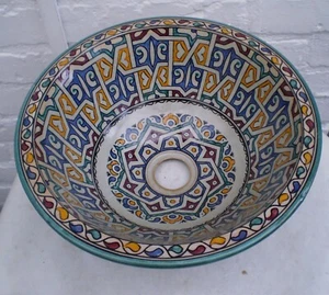 HAND PAINTED  CERAMIC HAND WASH BASIN * FES POTTERY * Multi Colour * 35 cm - Picture 1 of 5