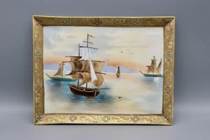 Antica scena porto nipponico 10,5" placca rettangolare da parete barche navi moriage - Foto 1 di 7