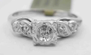 GENUINE DIAMOND RETRO ENGAGEMENT RING 14K WHITE GOLD - NWT - Free Appraisal - Picture 1 of 4