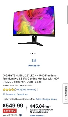GIGABYTE M28U 28" 4K UHD IPS LED Gaming Monitor - Image 1 of 4